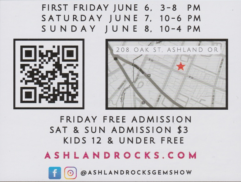 back of 2025 Ashland Rocks Gem Show postcard