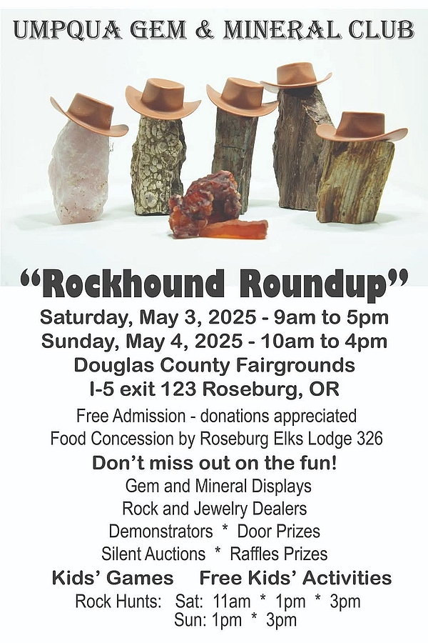 Umpqua Gem & Mineral Club Spring 2025 Rockhound Roundup postcard